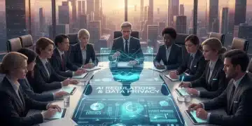 Business leaders analyzing AI ethics compliance reports in a modern office.