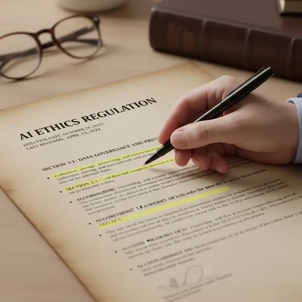 Detailed legal document outlining new AI ethics regulations and data governance policies.