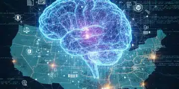 Digital brain with data streams and regulatory documents, symbolizing AI governance in the US.