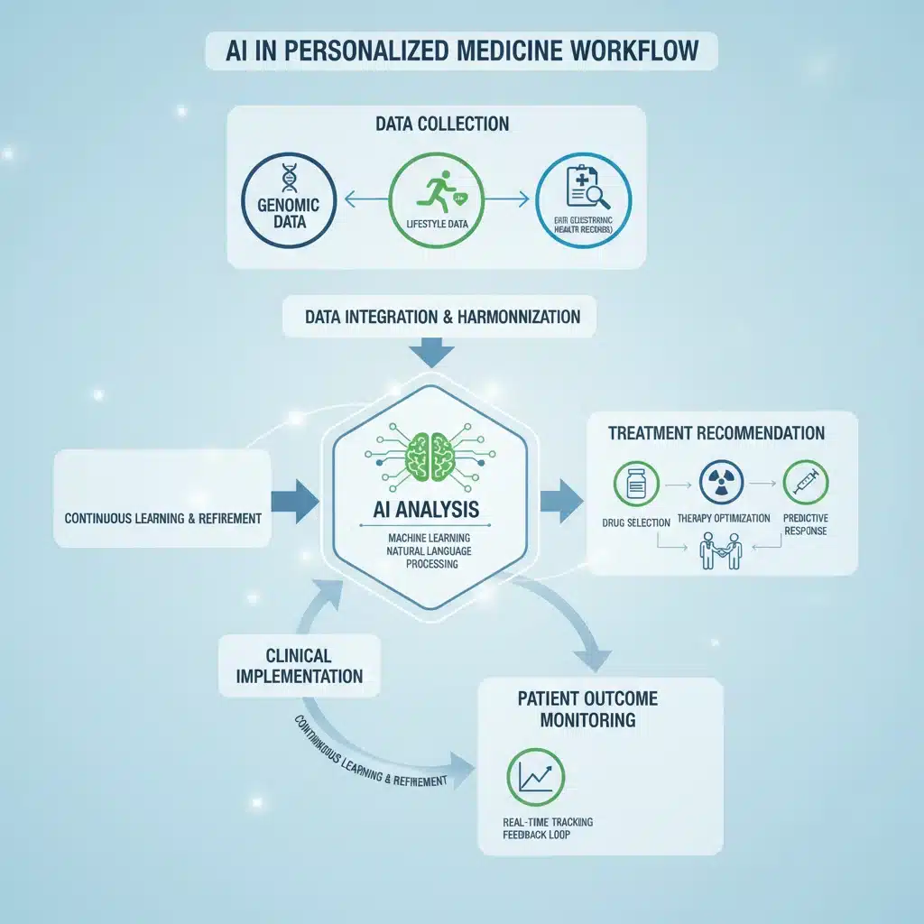 Workflow of AI in personalized medicine from data to treatment