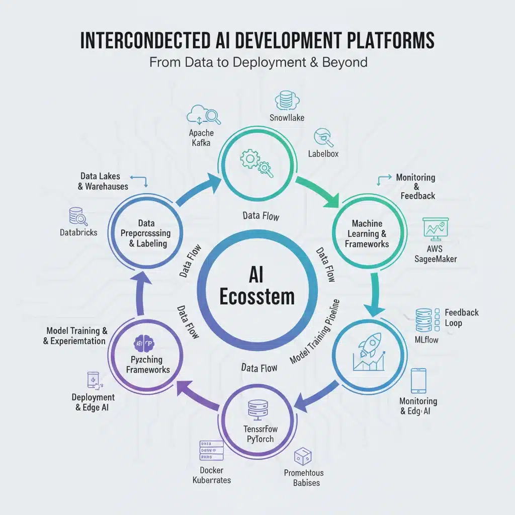 Infographic depicting the workflow and integration of AI development platforms, from data to deployment.