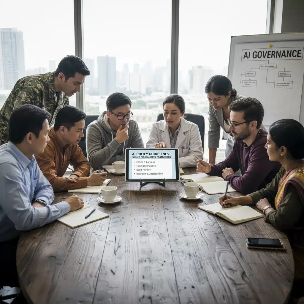 Diverse team collaborating on AI policy guidelines.