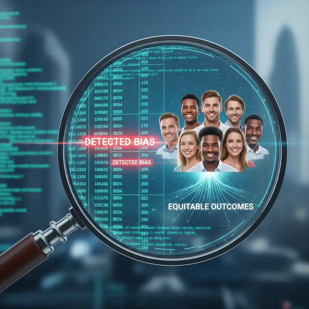 Magnifying glass highlights biased code, leading to equitable outcomes for diverse faces.