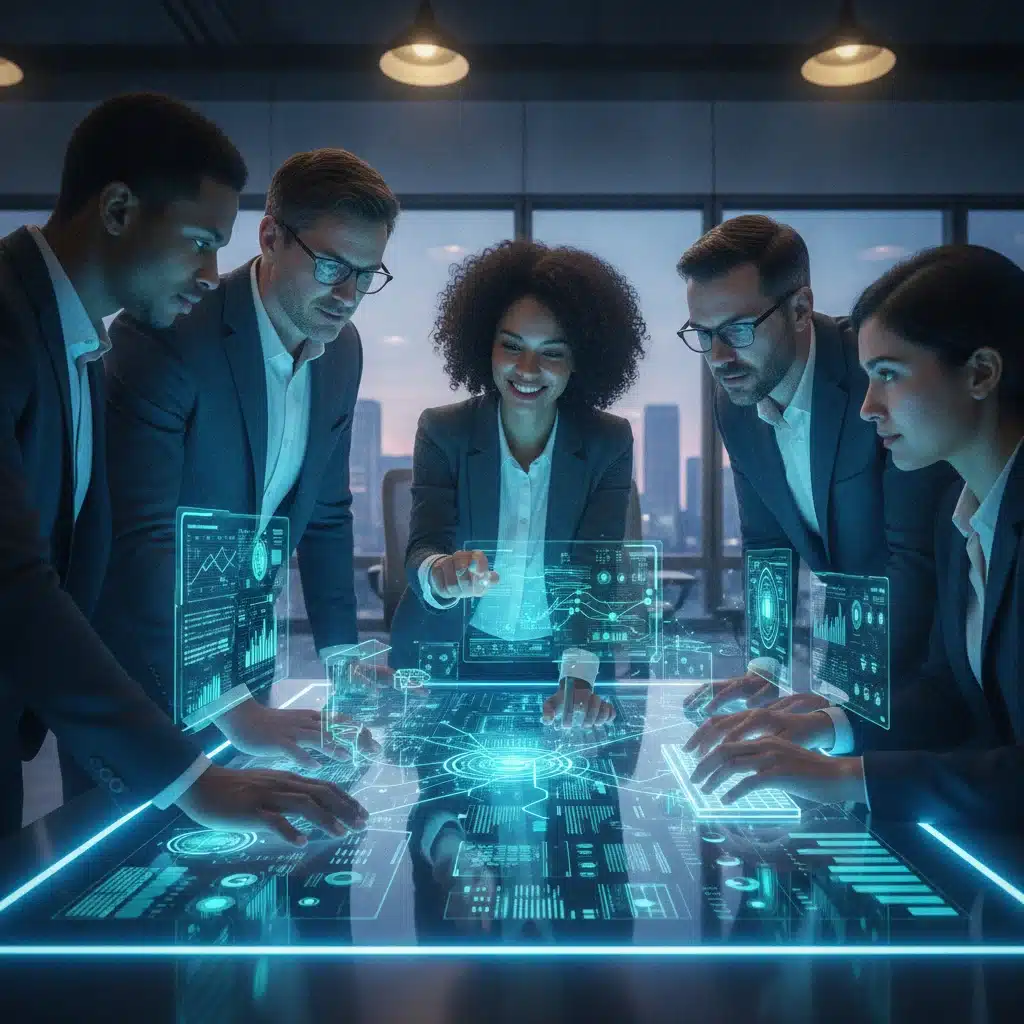 Data scientists collaborating on complex AI models for business intelligence insights.