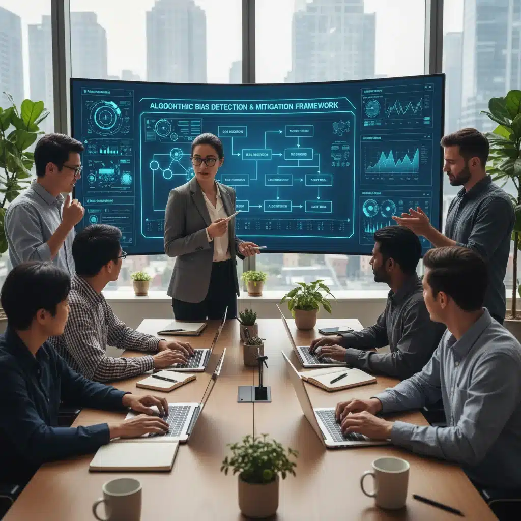 Team collaborating on implementing ethical AI frameworks and addressing algorithmic bias.