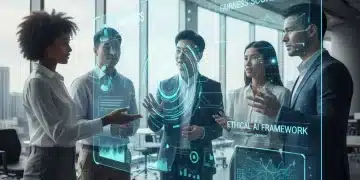 Diverse professionals engaging with holographic ethical AI recruitment metrics.