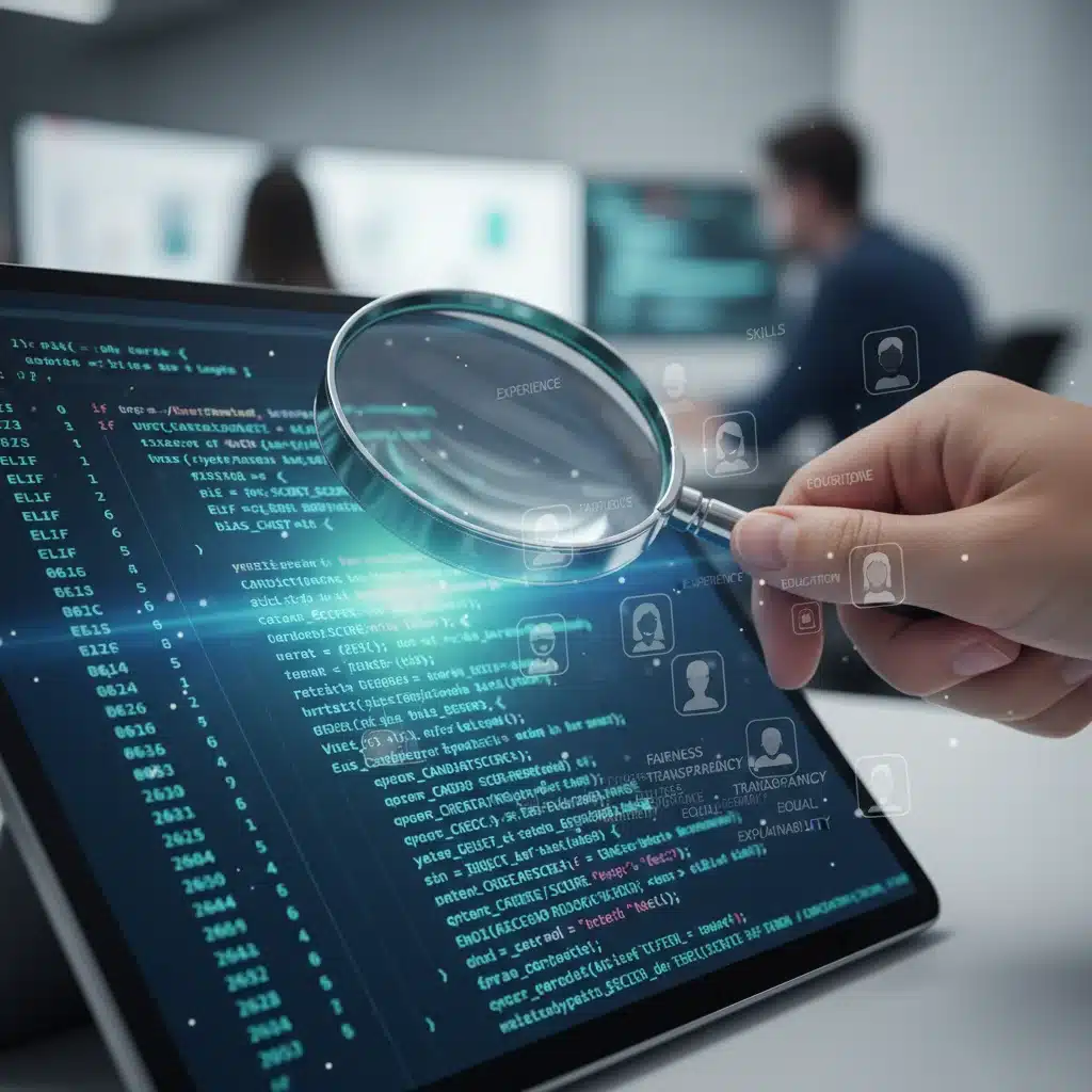 Hand examining AI code for explainability in diverse recruitment.