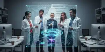 Researchers collaborating in a high-tech AI lab, showcasing federal AI research innovation.