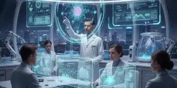 Scientists analyzing AI models on futuristic holographic displays in a research lab, symbolizing advanced AI development.