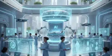 Futuristic hospital with AI diagnostics and digital interfaces