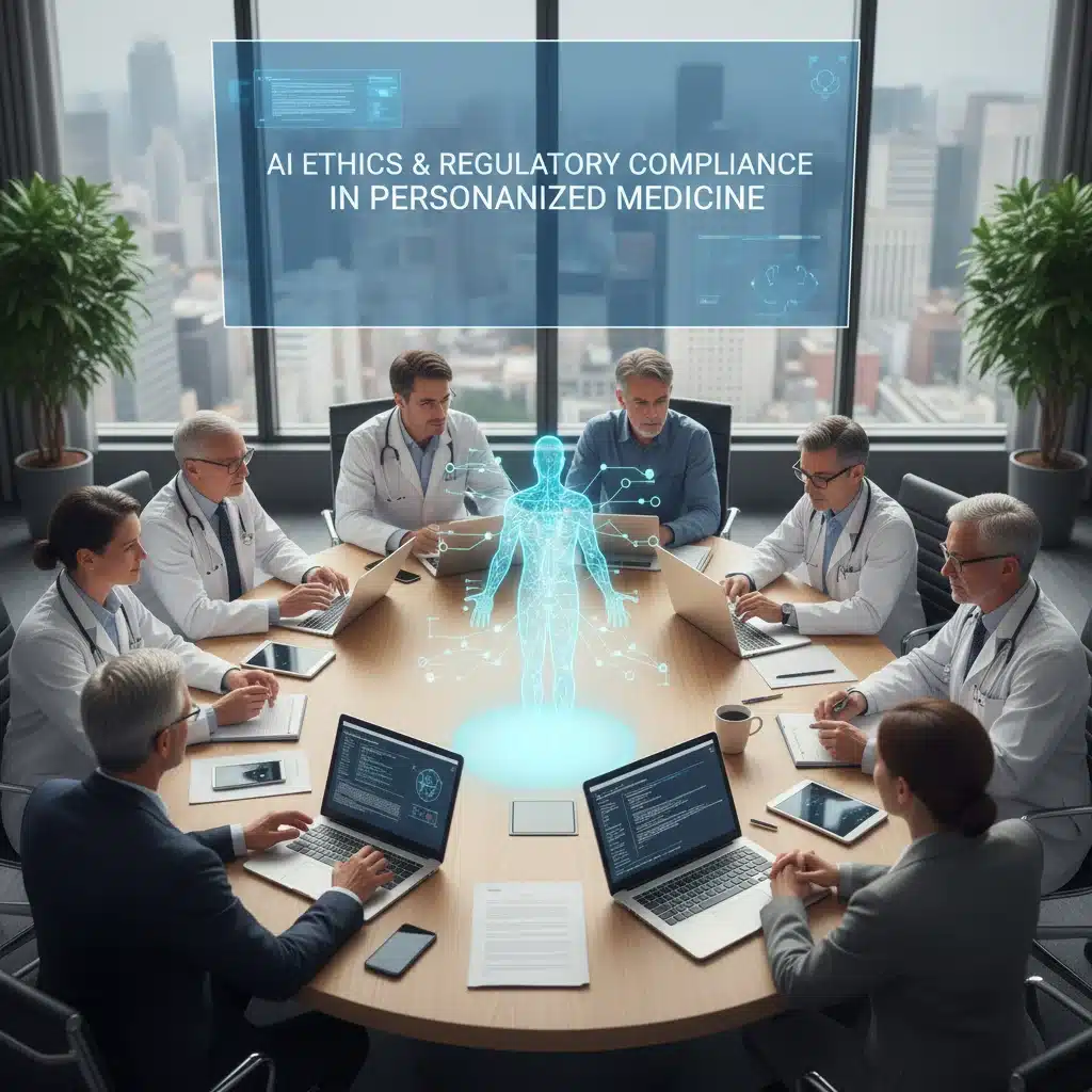 Healthcare professionals discussing AI ethics and regulatory compliance