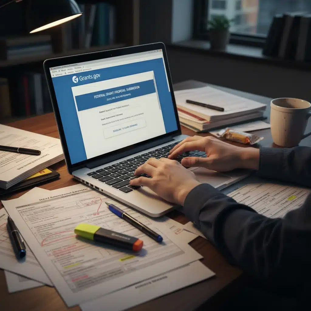 Close-up of hands preparing a federal AI grant application on a laptop.