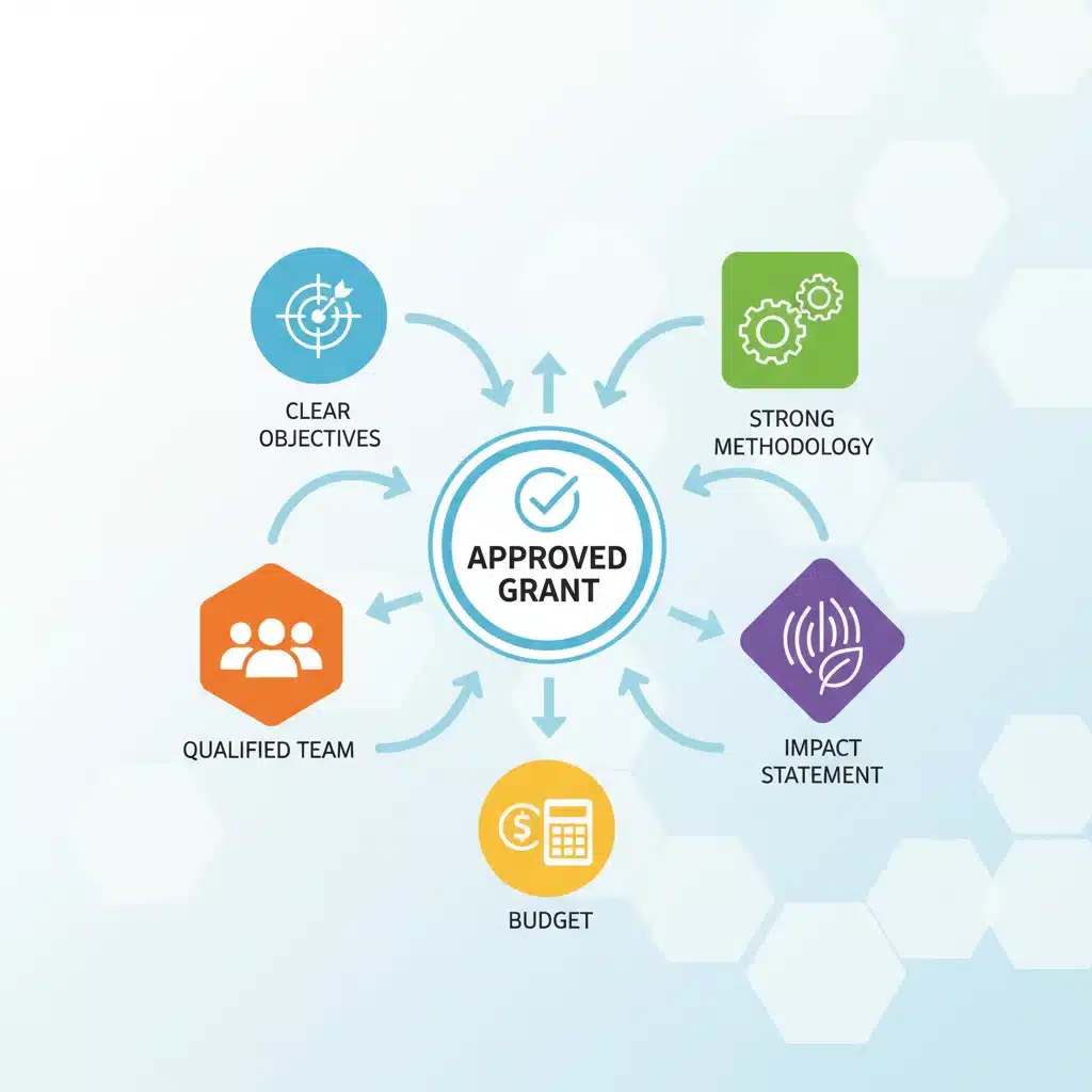 Infographic illustrating key components of a successful federal AI grant proposal.