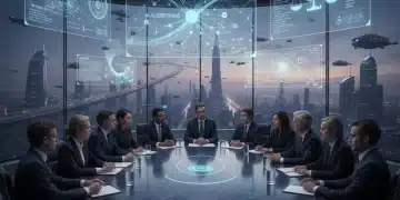 Diverse team discussing AI ethics and regulations in a futuristic setting