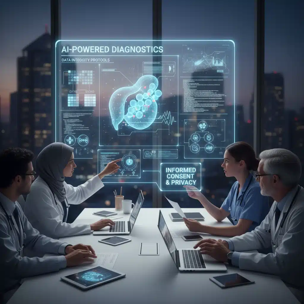 Medical and tech professionals collaborating on AI-powered diagnostics and ethical considerations