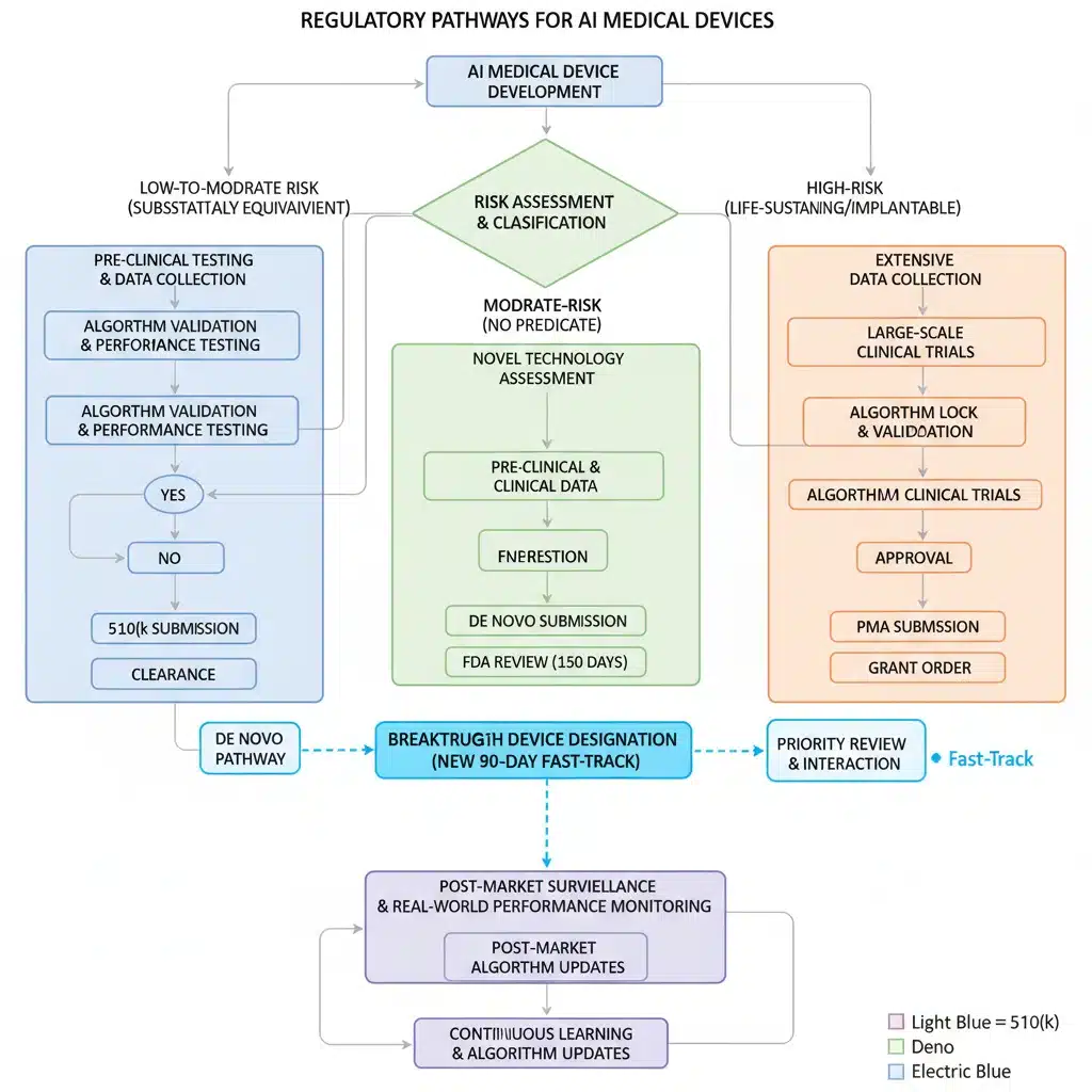 Complex regulatory pathway flowchart for AI medical devices including 90-day fast-track