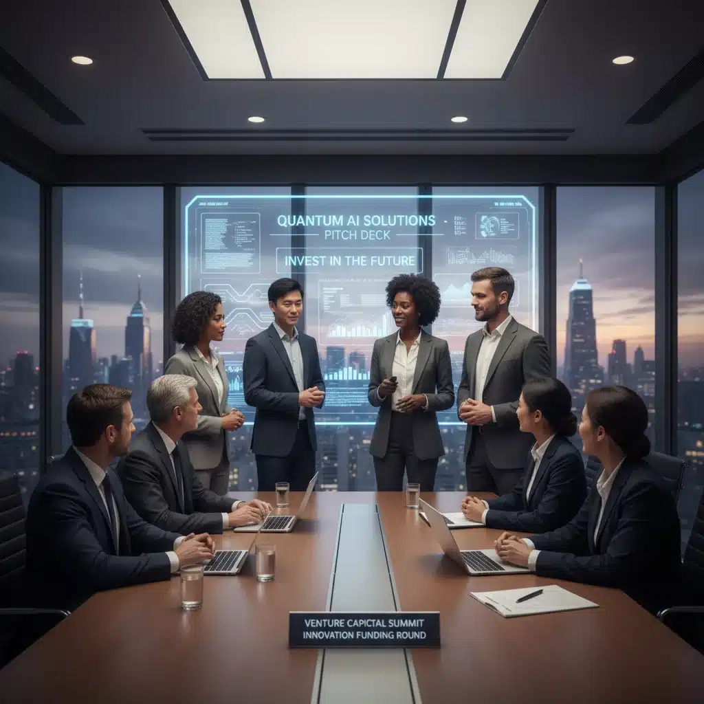 Startup founders pitching AI solutions to venture capitalists.