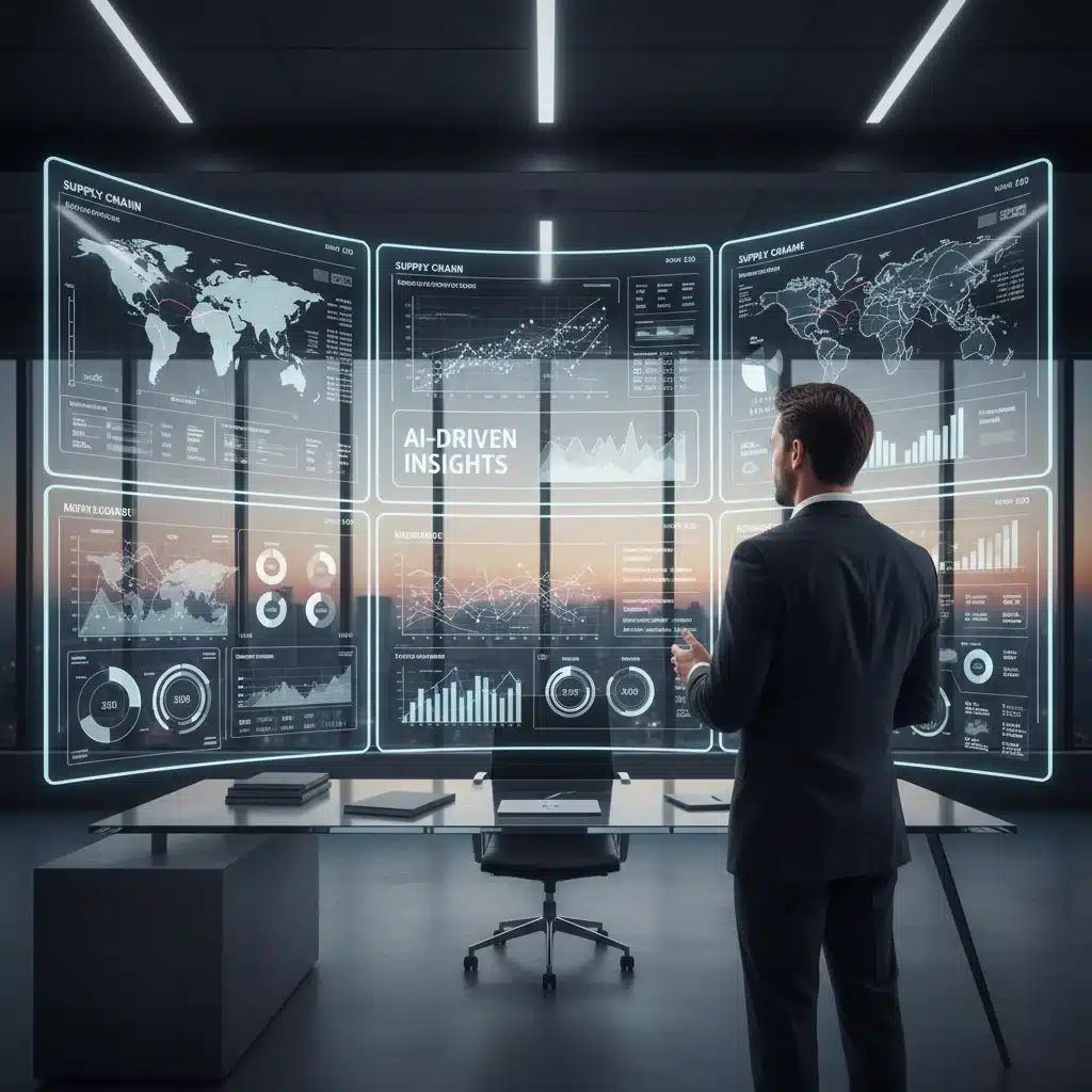 Executive reviewing AI-driven supply chain analytics dashboard