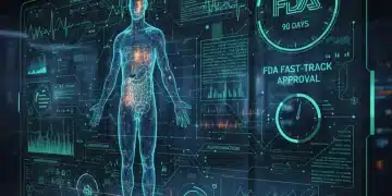 Futuristic AI medical device interface with FDA logo and 90-day fast-track clock
