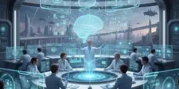 Futuristic lab with scientists analyzing AI data, symbolizing advanced AI research breakthroughs.