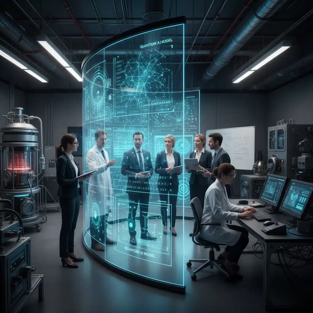Research team analyzing quantum AI drug discovery data