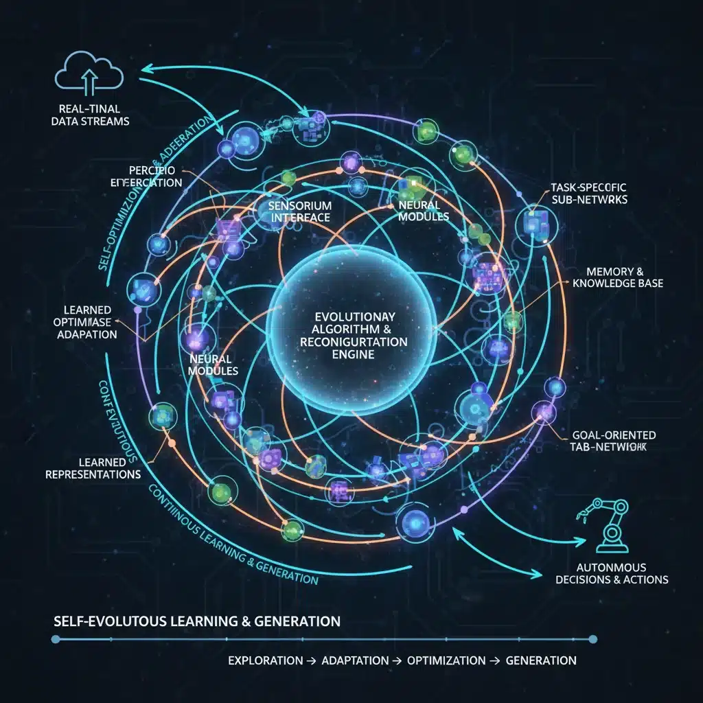 Diagram of a self-evolving neural network architecture.