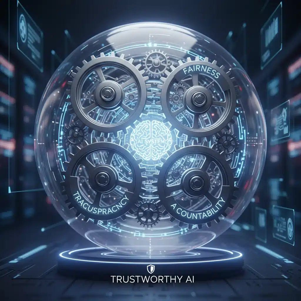 Interconnected gears symbolizing trustworthy AI principles