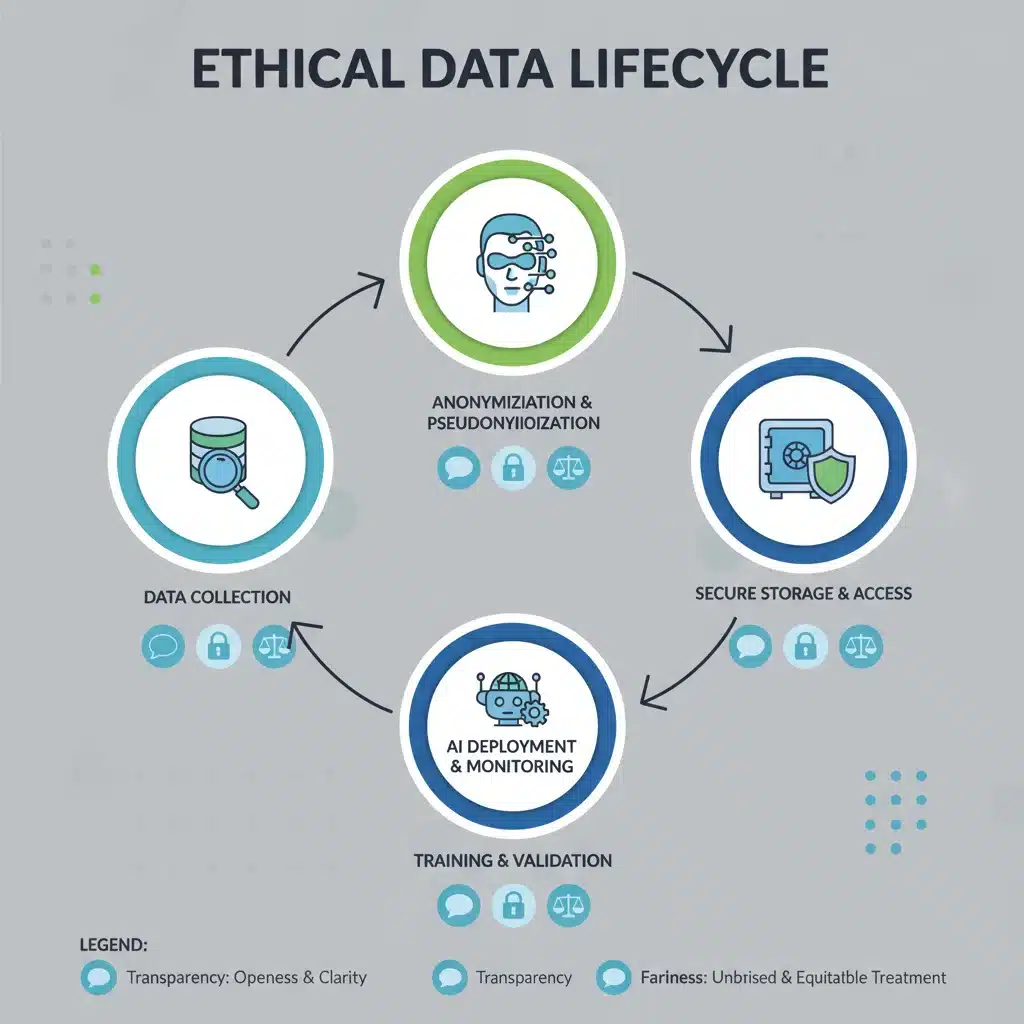 Infographic showing the ethical data sourcing lifecycle for AI systems.