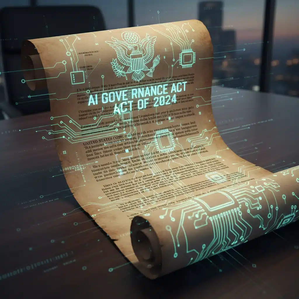 Legal document with circuit board patterns representing US AI regulations